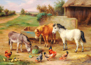 A Donkey, Ponies and Poultry in a Farmyard